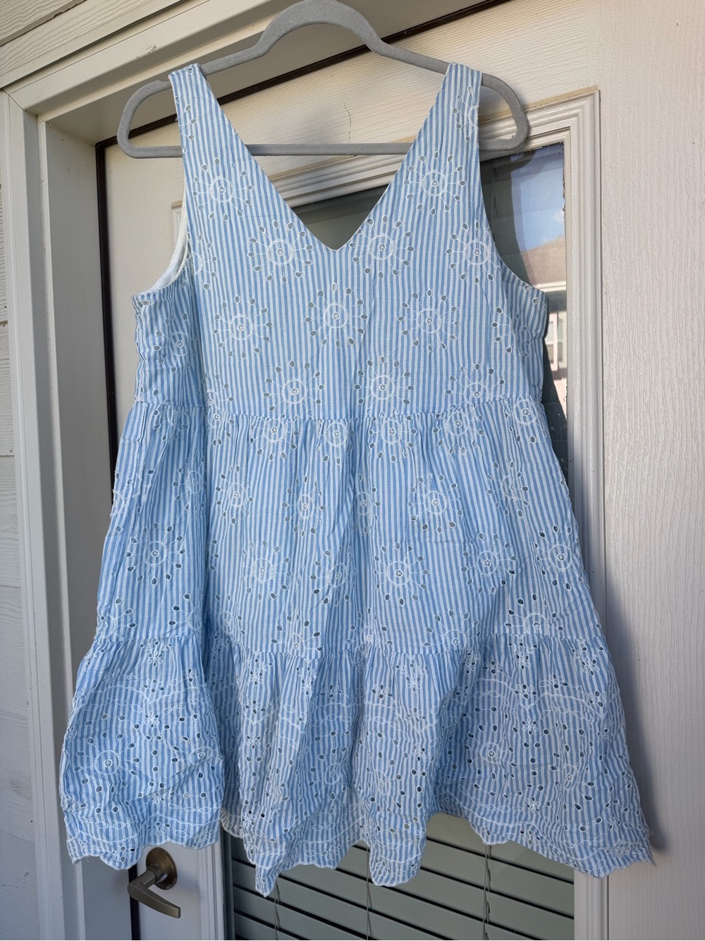 LOFT Light Blue Striped Embroidered Eyelet Tiered Dress
